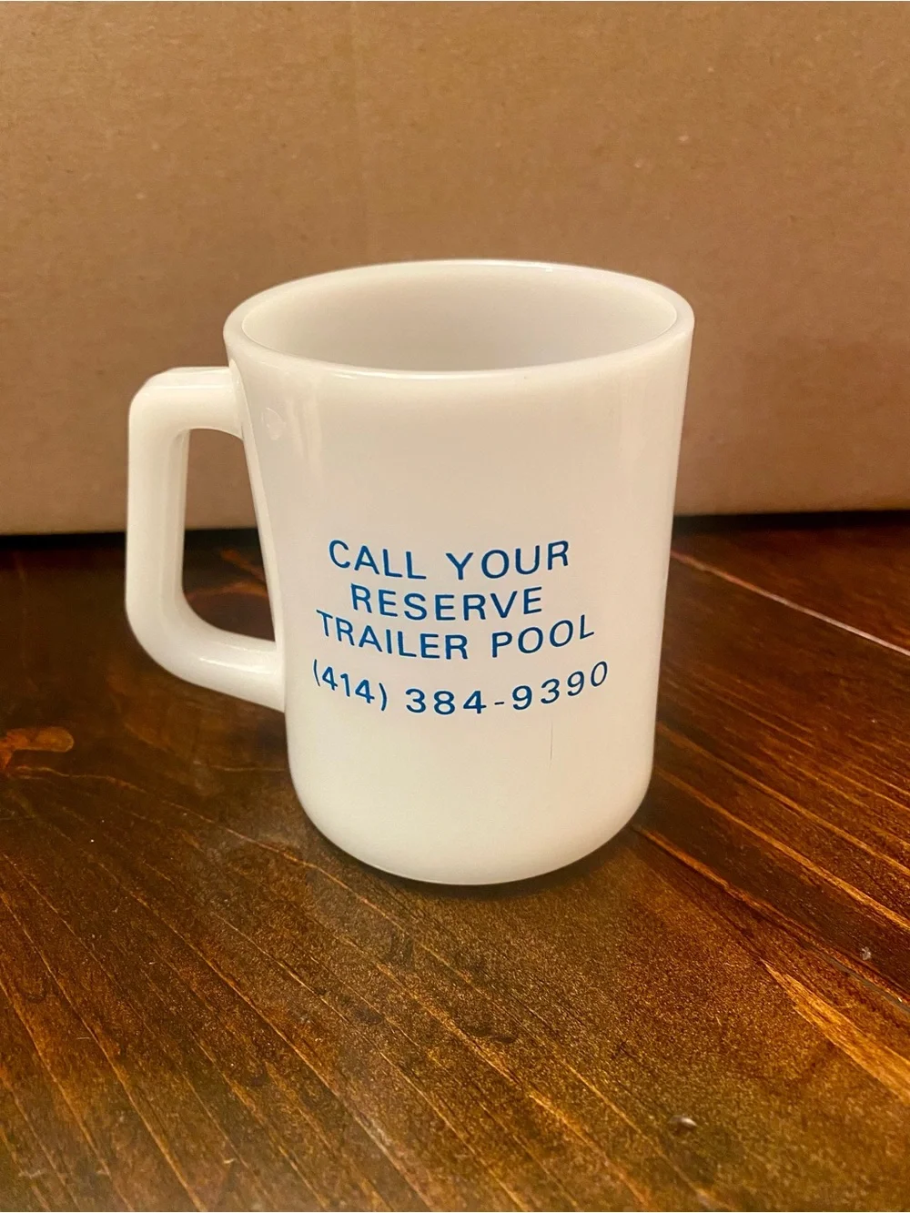 Vintage 1970s Milk Glass Mug Transport Pool Inc. Advertisement 10 oz